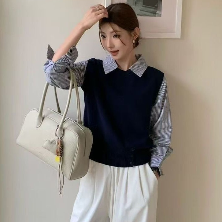 [A469] Áo len nữ Montoghi dệt kim 3 NÚT phối SƠ MI SỌC kiểu trơn tay dài sang trọng - L2M (New)