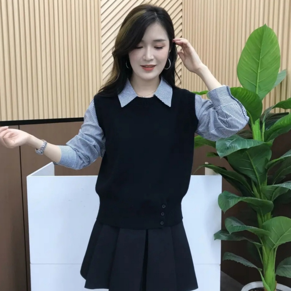 [A469] Áo len nữ Montoghi dệt kim 3 NÚT phối SƠ MI SỌC kiểu trơn tay dài sang trọng - L2M (New)