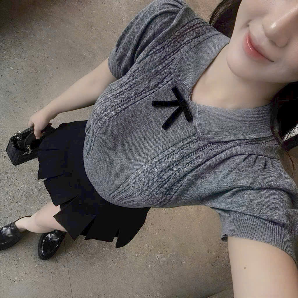 [A474] Áo len nữ Montoghi dệt kim QC PHỐI NƠ ĐEN họa tiết THỪNG 2 BÊN xinh xắn điệu đà - L2M (New)