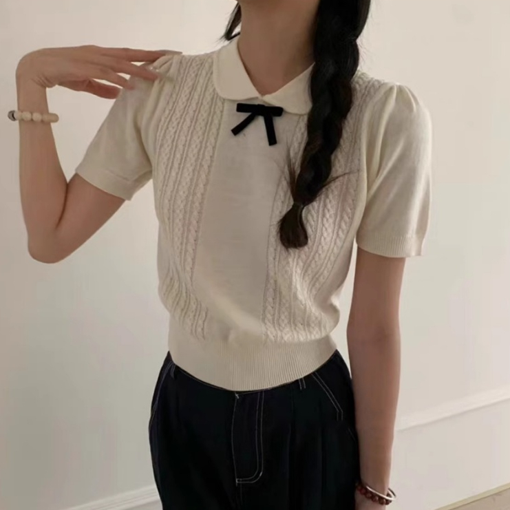 [A474] Áo len nữ Montoghi dệt kim QC PHỐI NƠ ĐEN họa tiết THỪNG 2 BÊN xinh xắn điệu đà - L2M (New)