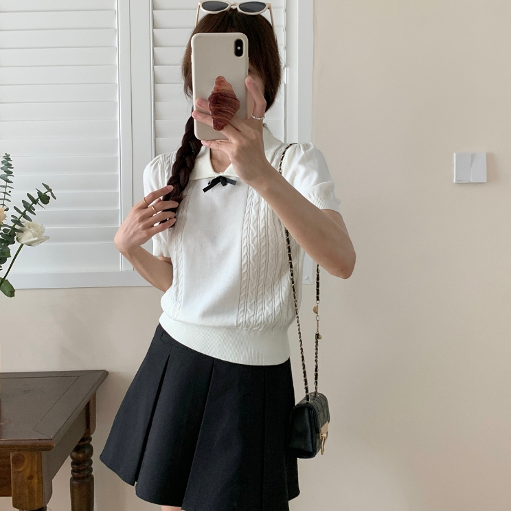 [A474] Áo len nữ Montoghi dệt kim QC PHỐI NƠ ĐEN họa tiết THỪNG 2 BÊN xinh xắn điệu đà - L2M (New)