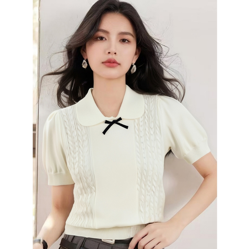 [A474] Áo len nữ Montoghi dệt kim QC PHỐI NƠ ĐEN họa tiết THỪNG 2 BÊN xinh xắn điệu đà - L2M (New)