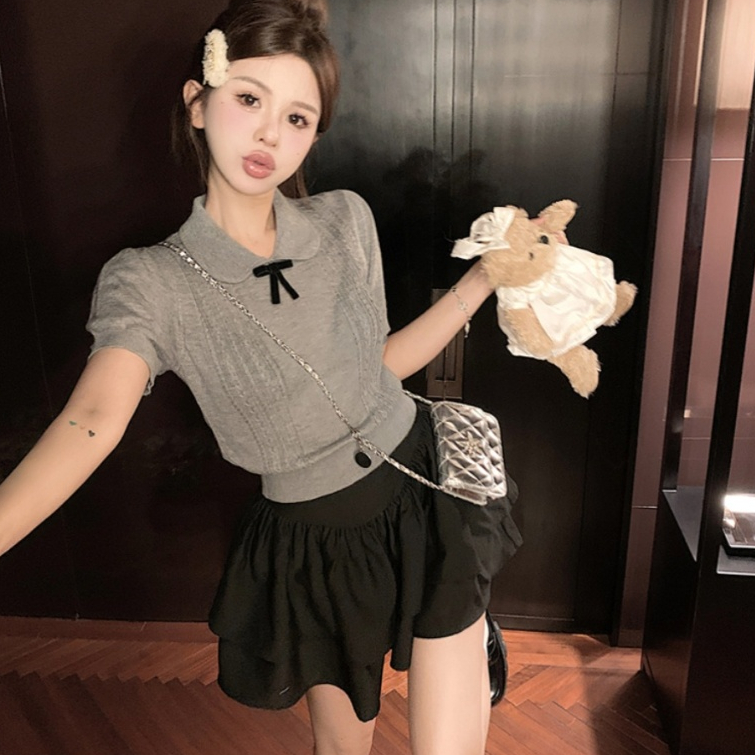 [A474] Áo len nữ Montoghi dệt kim QC PHỐI NƠ ĐEN họa tiết THỪNG 2 BÊN xinh xắn điệu đà - L2M (New)