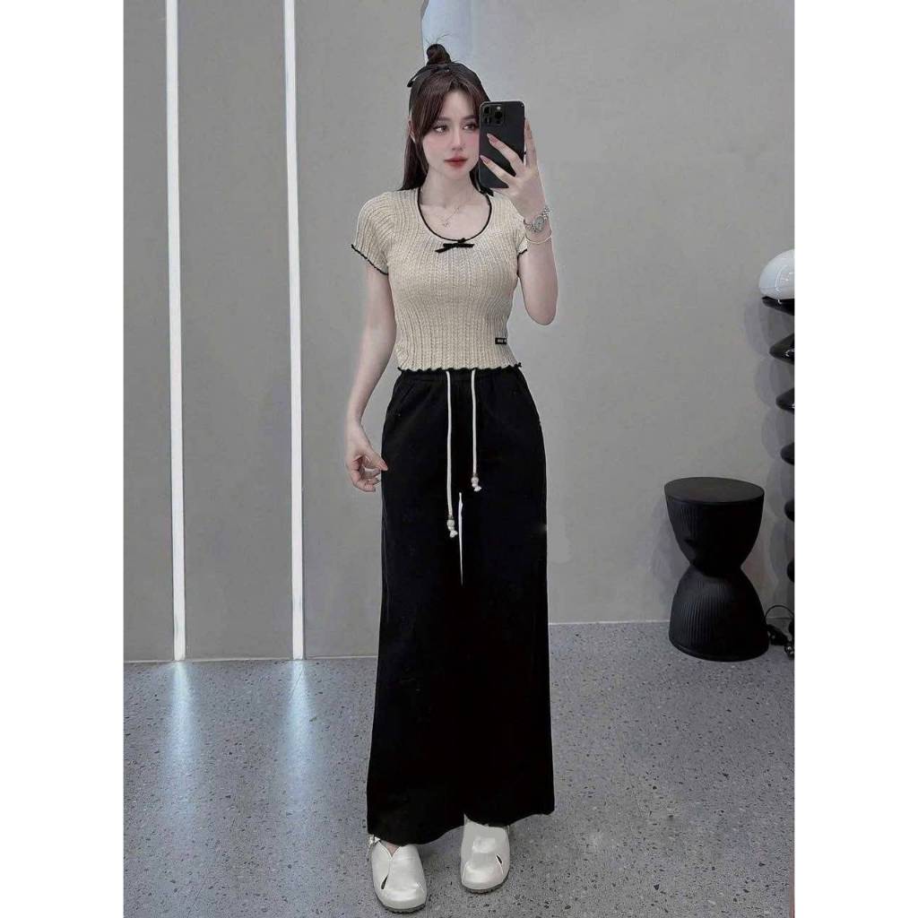 [A477] Áo len nữ Montoghi dệt kim PHỐI LƯỚI VIỀN BÈO và NƠ dáng ôm tôn body xinh xắn - L2M (New)