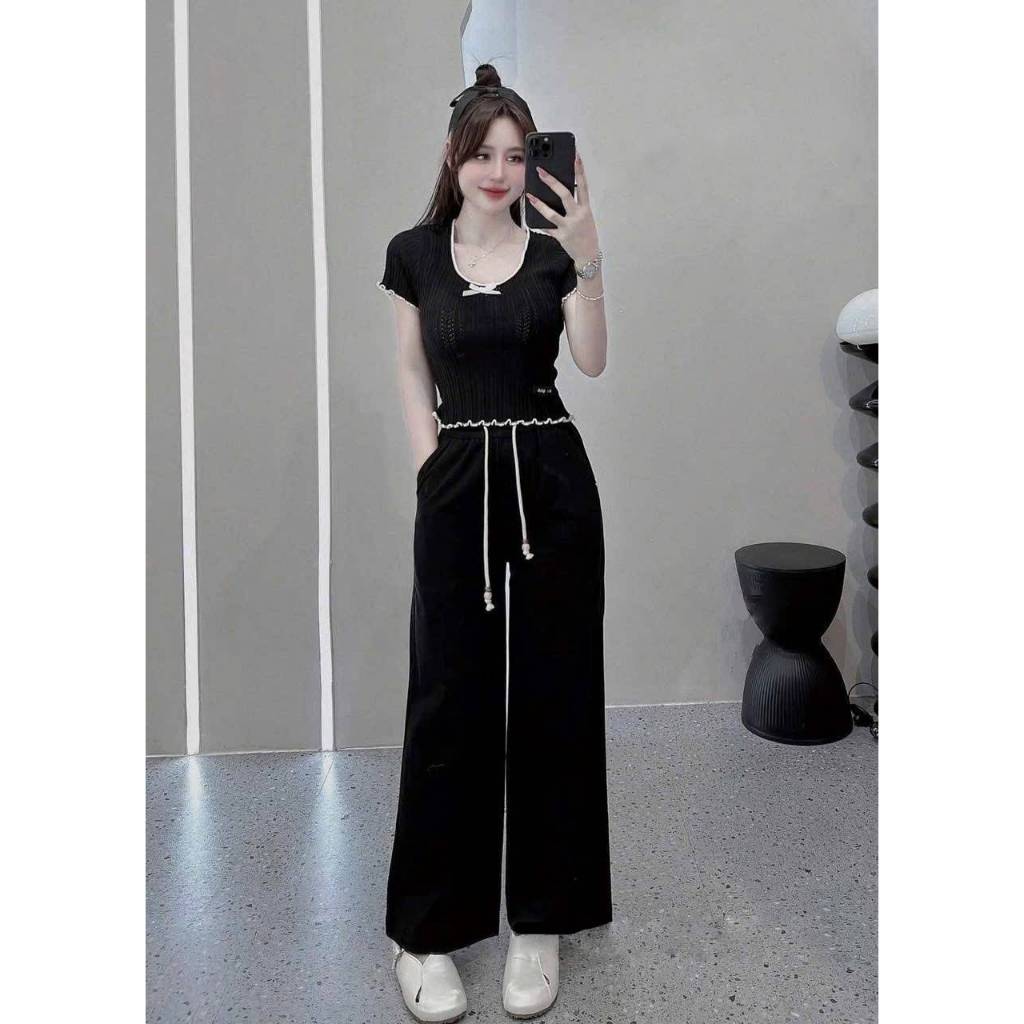 [A477] Áo len nữ Montoghi dệt kim PHỐI LƯỚI VIỀN BÈO và NƠ dáng ôm tôn body xinh xắn - L2M (New)