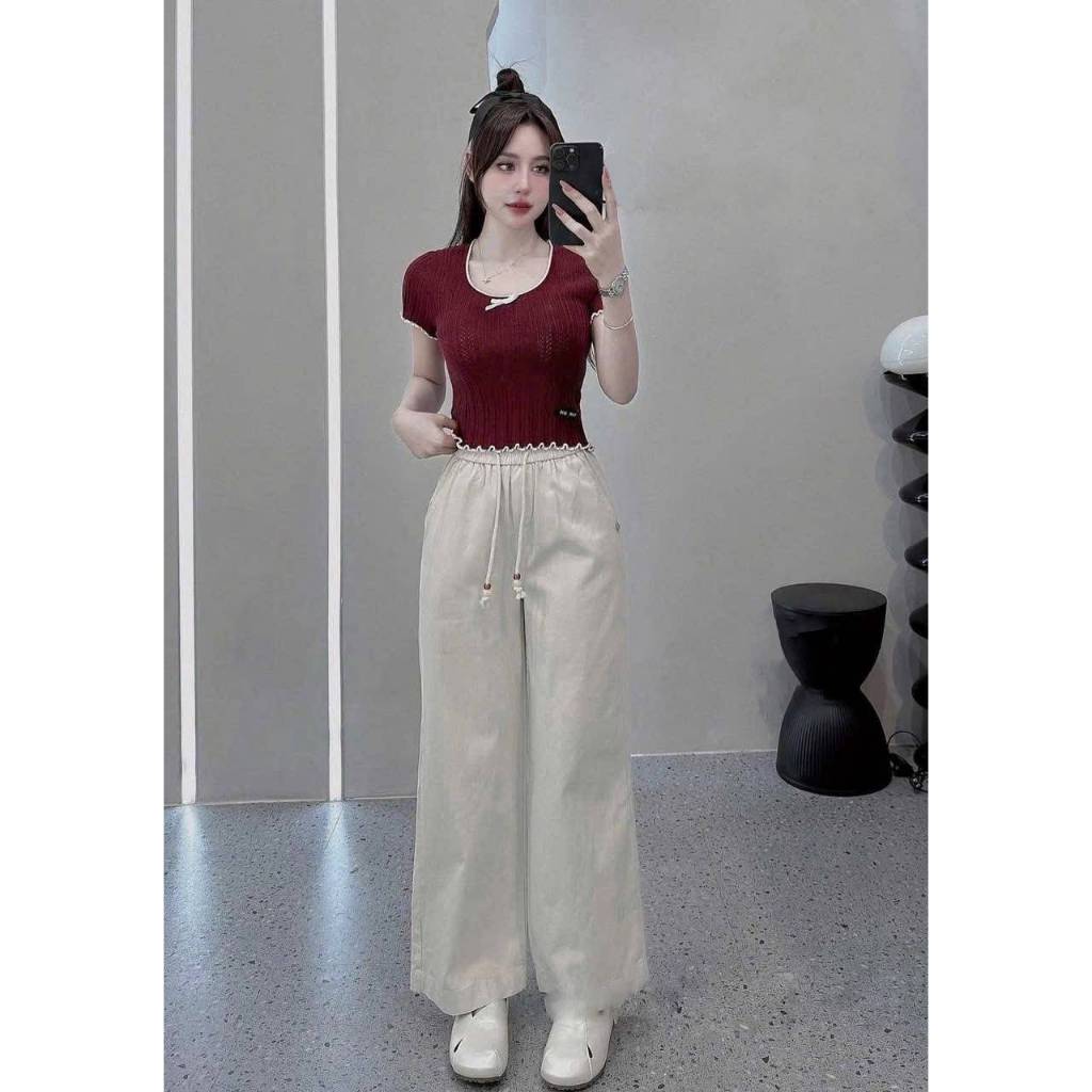 [A477] Áo len nữ Montoghi dệt kim PHỐI LƯỚI VIỀN BÈO và NƠ dáng ôm tôn body xinh xắn - L2M (New)