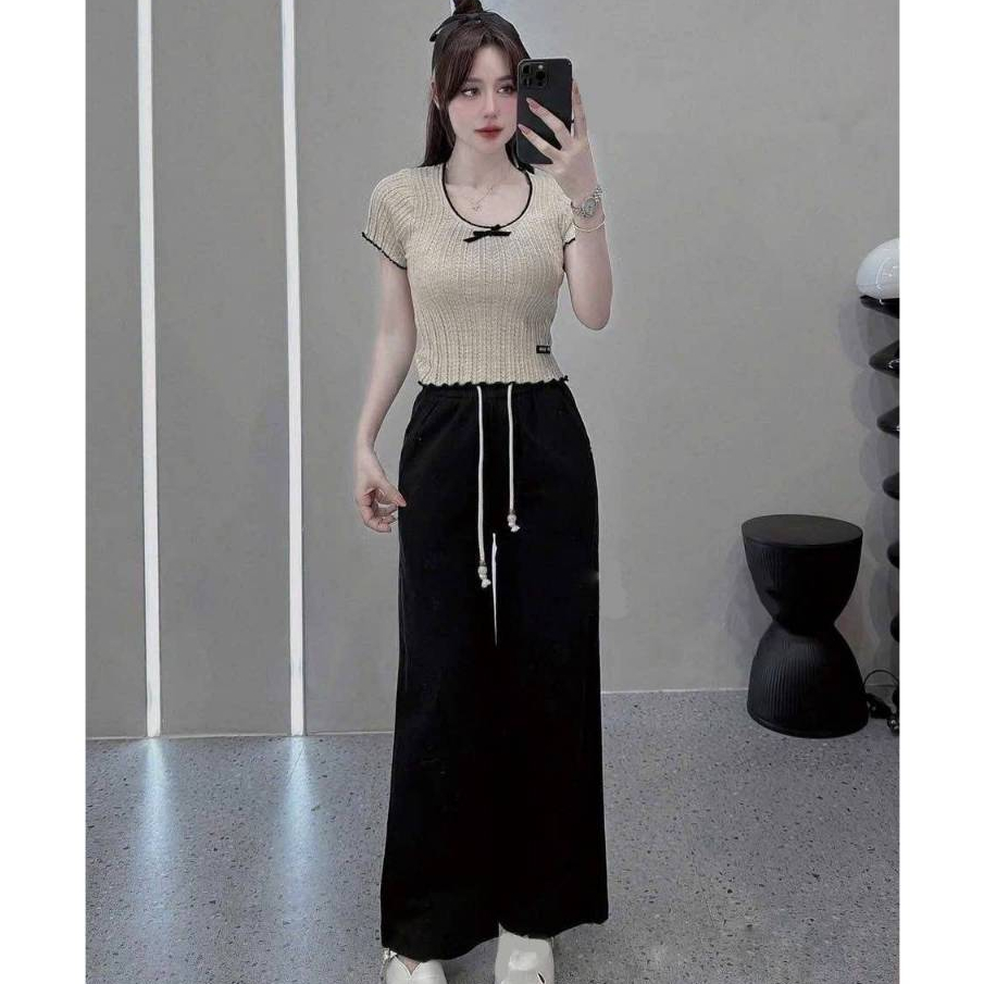 [A477] Áo len nữ Montoghi dệt kim PHỐI LƯỚI VIỀN BÈO và NƠ dáng ôm tôn body xinh xắn - L2M (New)