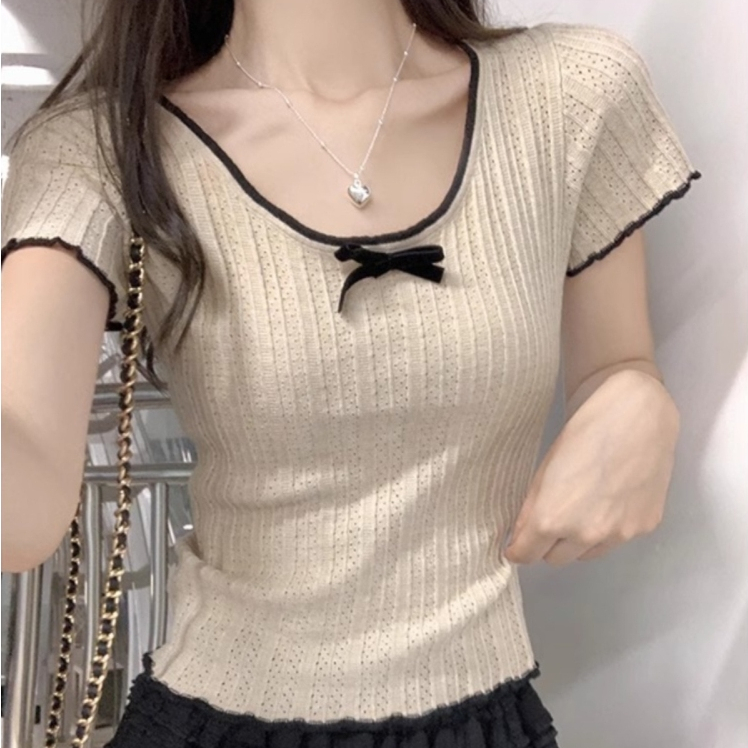 [A477] Áo len nữ Montoghi dệt kim PHỐI LƯỚI VIỀN BÈO và NƠ dáng ôm tôn body xinh xắn - L2M (New)