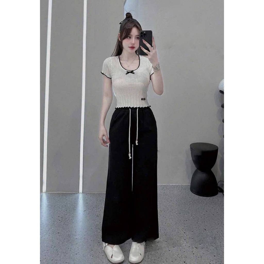 [A477] Áo len nữ Montoghi dệt kim PHỐI LƯỚI VIỀN BÈO và NƠ dáng ôm tôn body xinh xắn - L2M (New)