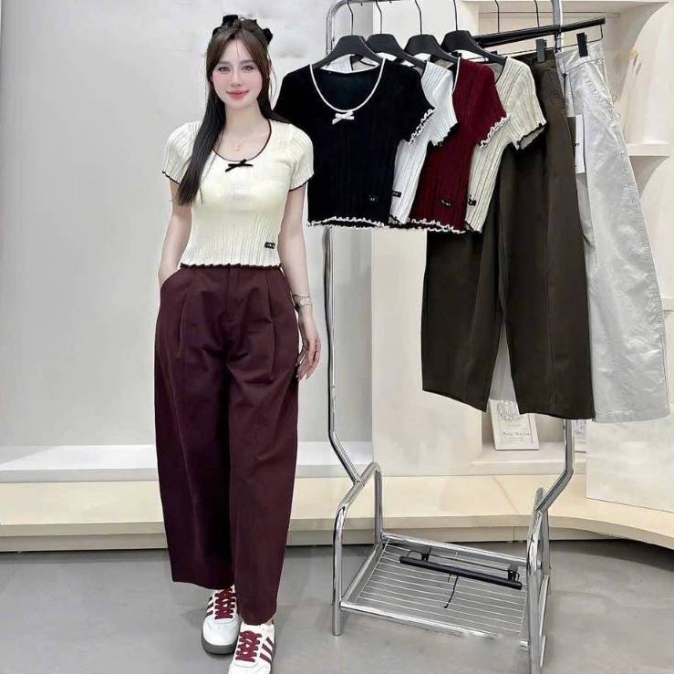 [A477] Áo len nữ Montoghi dệt kim PHỐI LƯỚI VIỀN BÈO và NƠ dáng ôm tôn body xinh xắn - L2M (New)