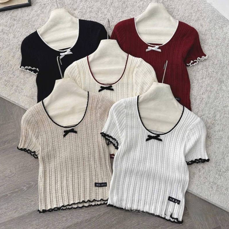 [A477] Áo len nữ Montoghi dệt kim PHỐI LƯỚI VIỀN BÈO và NƠ dáng ôm tôn body xinh xắn - L2M (New)