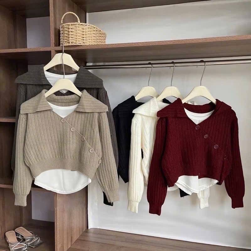 [A476] Set (2 MÓN) áo len dệt kim CỔ V BẺ NÚT CHÉO TRƯỚC và ÁO 3 LỖ tay dài croptop siêu hot - L2M (New)