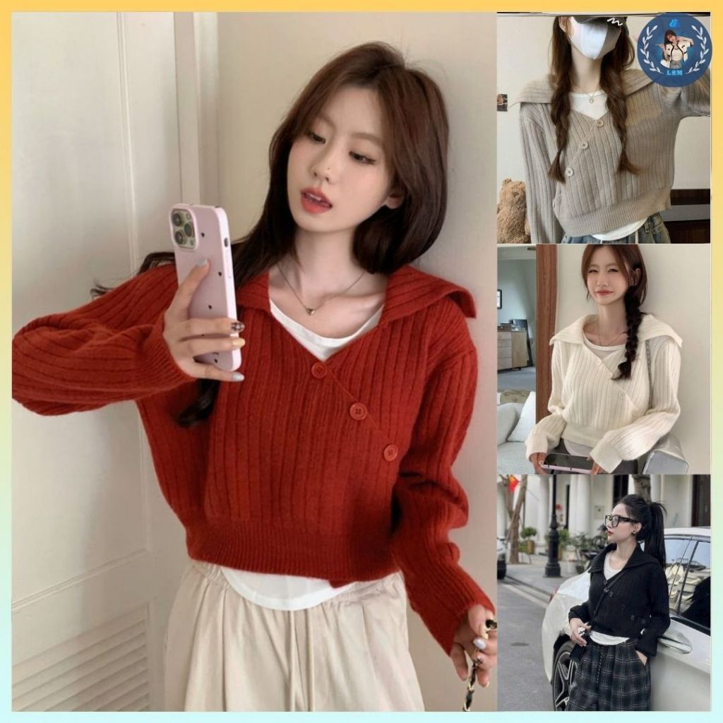 [A476] Set (2 MÓN) áo len dệt kim CỔ V BẺ NÚT CHÉO TRƯỚC và ÁO 3 LỖ tay dài croptop siêu hot - L2M (New)