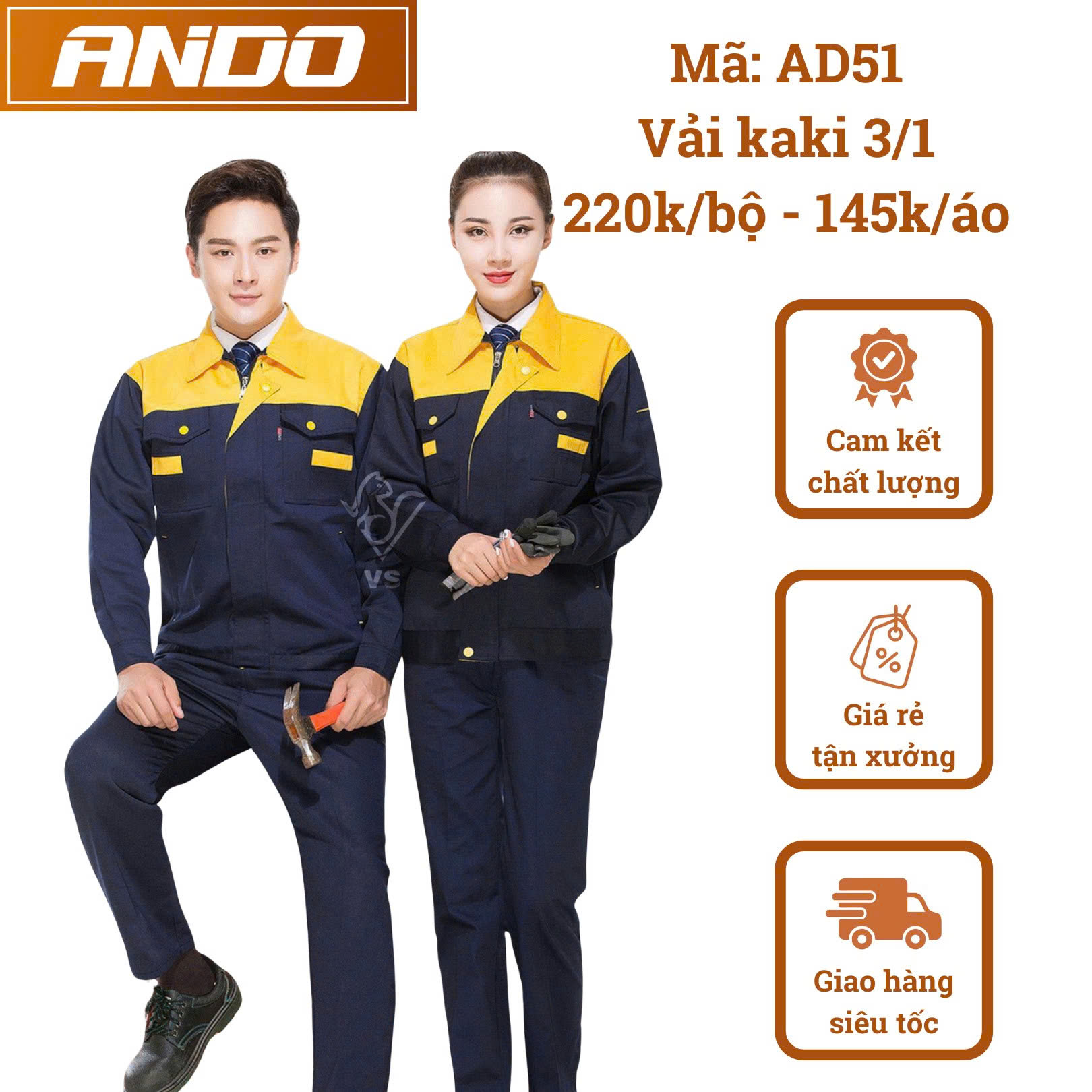 Quần áo bảo hộ lao động AD51 màu xanh than phối vàng, vải kaki 3/1, thiết kế & in đồng phục doanh nghiệp, nhà xưởng
