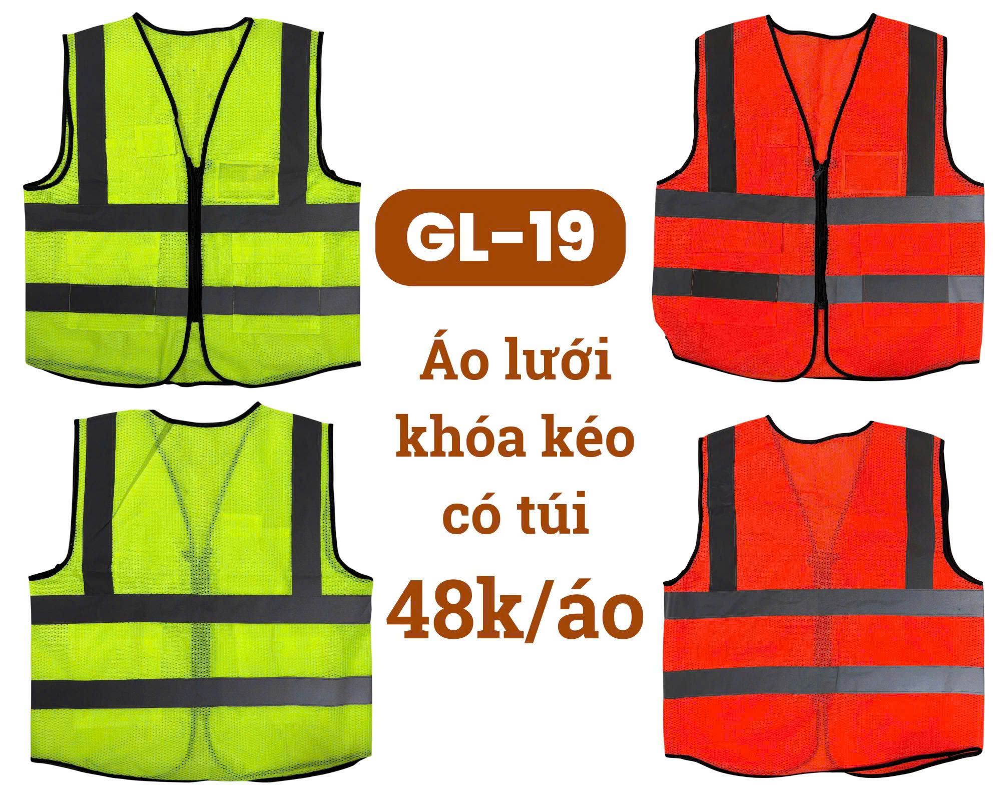 [GL-19] Áo ghi lê bảo hộ lao động - Áo lưới phản quang khóa kéo có túi màu cam & nõn chuối