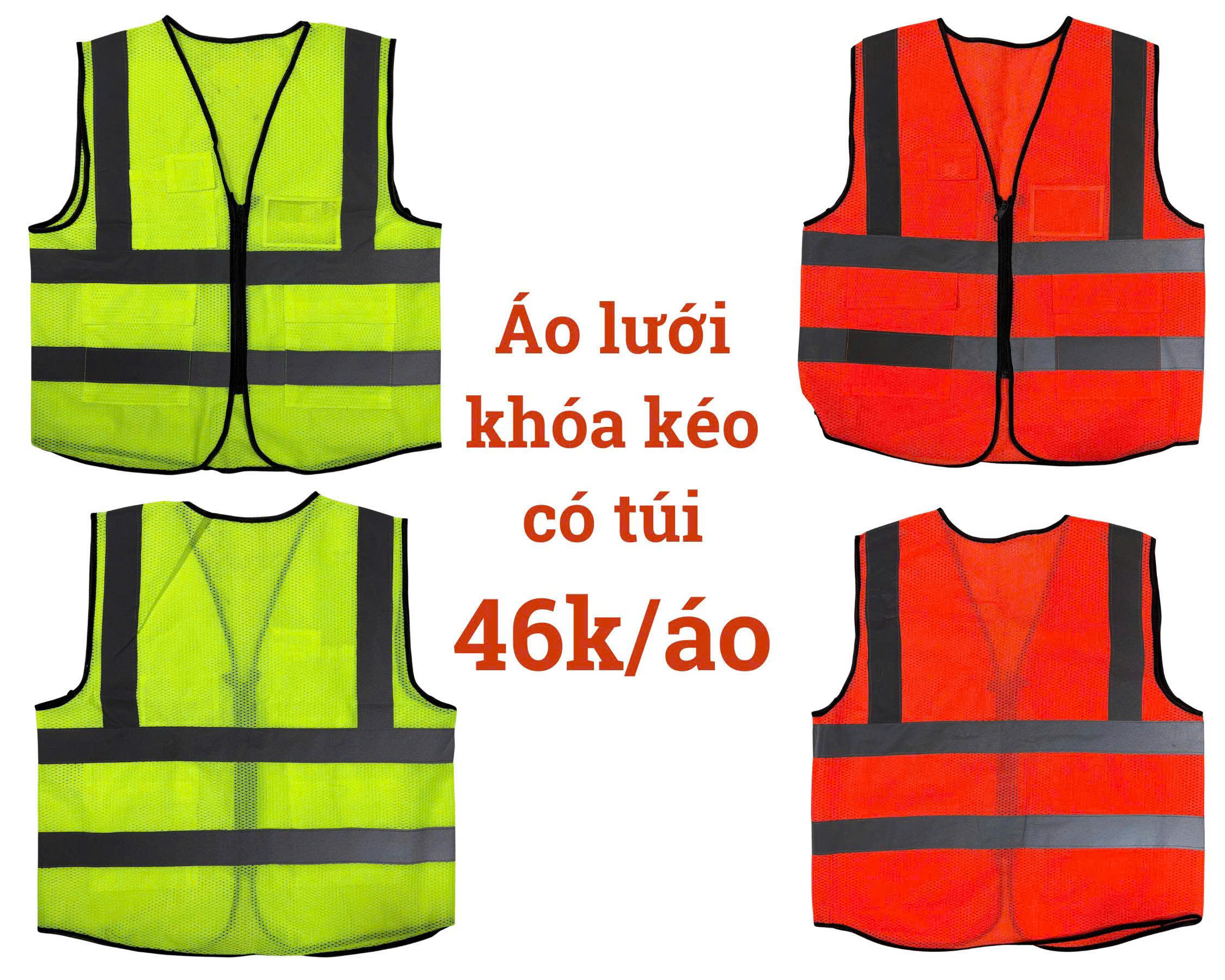 Áo ghi lê bảo hộ lao động - Áo lưới phản quang khóa kéo có túi màu cam & nõn chuối
