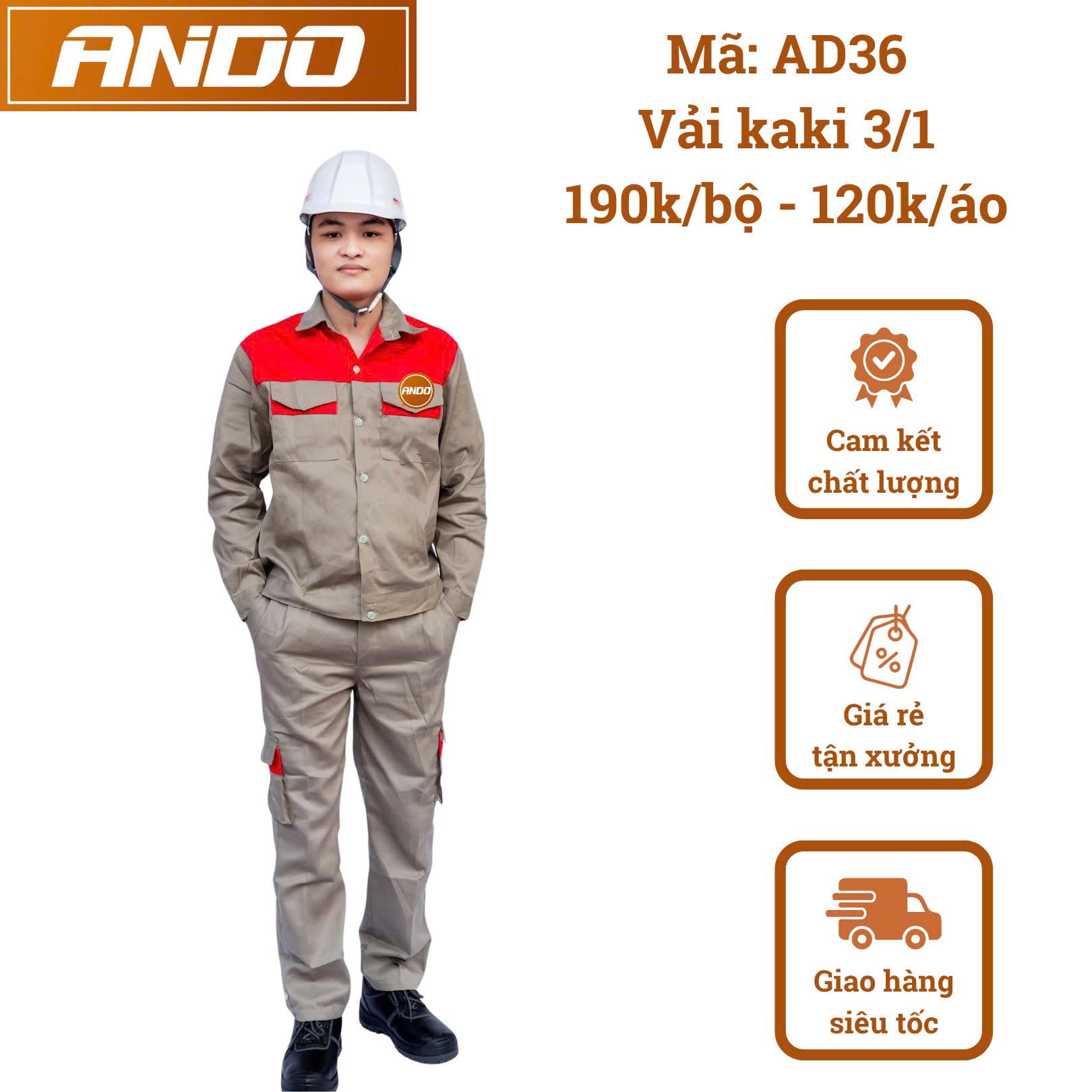 Quần áo bảo hộ lao động AD36 màu ghi phối đỏ, vải kaki 3/1, thiết kế & in đồng phục doanh nghiệp, nhà xưởng