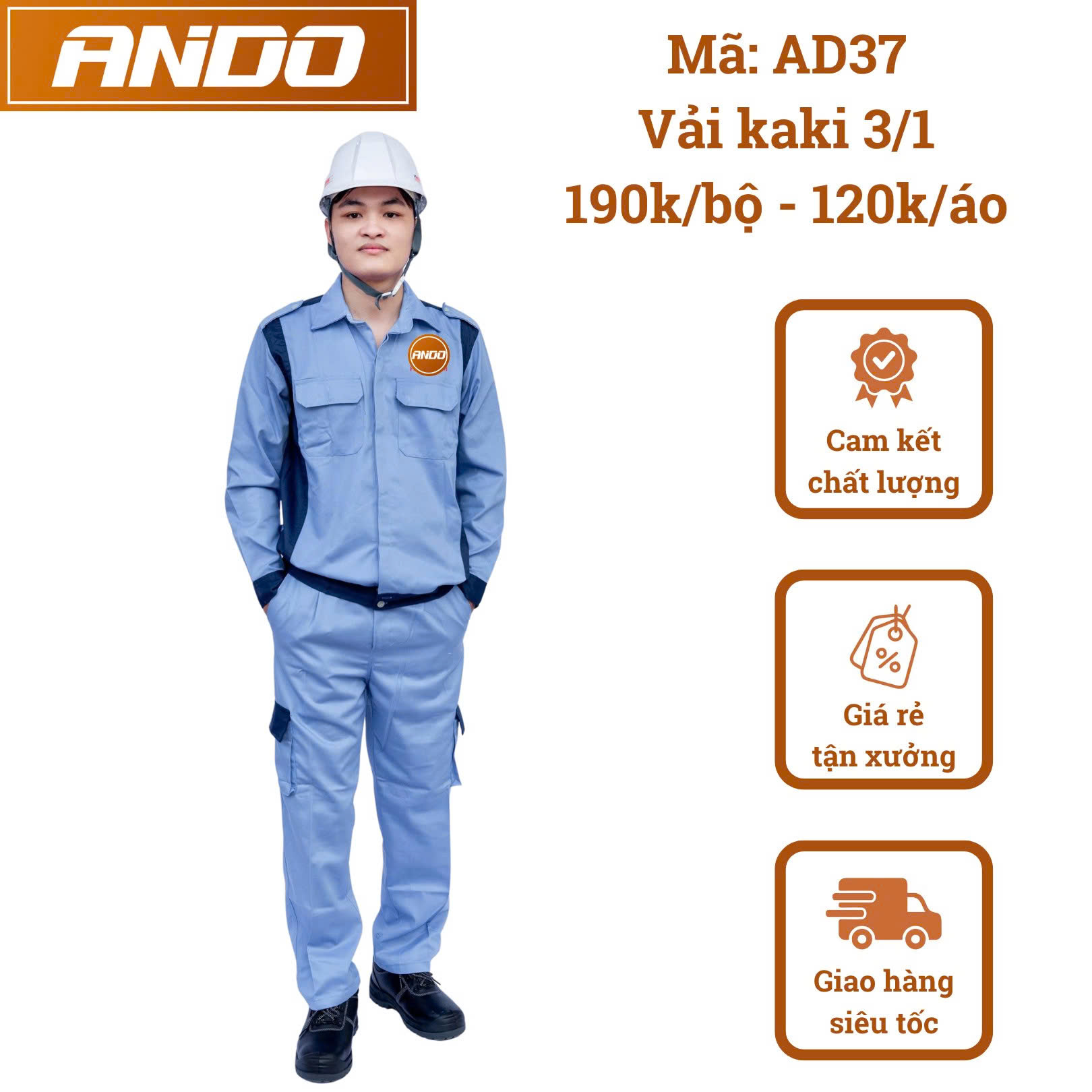 Quần áo bảo hộ lao động mẫu AD37 màu xanh nhạt phối xanh công nhân, vải kaki 3/1, in đồng phục doanh nghiệp, nhà xưởng, đội thi công,…