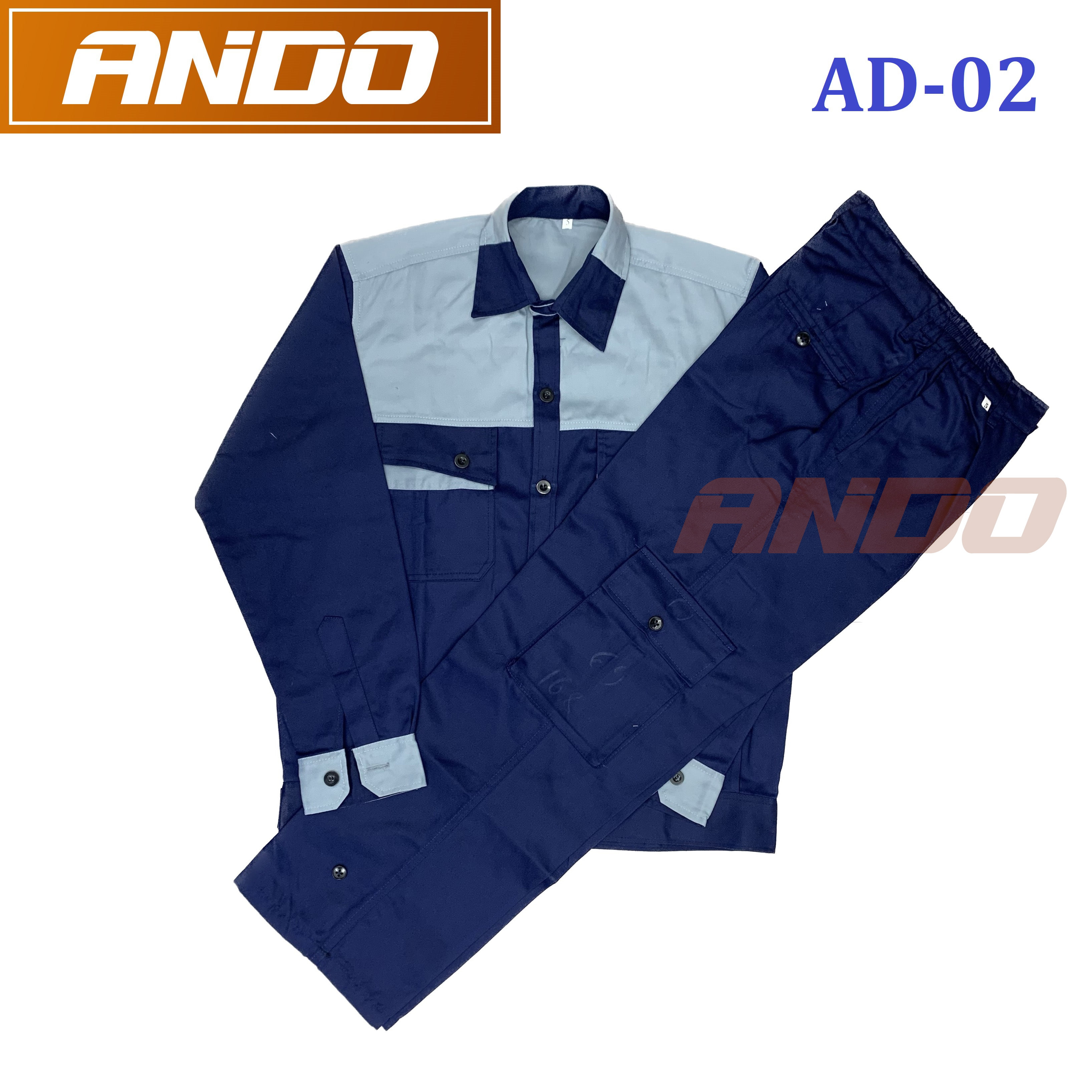 Quần áo bảo hộ lao động AD02 màu xanh than phối ghi, vải kaki 3/1, thiết kế & in đồng phục doanh nghiệp, nhà xưởng