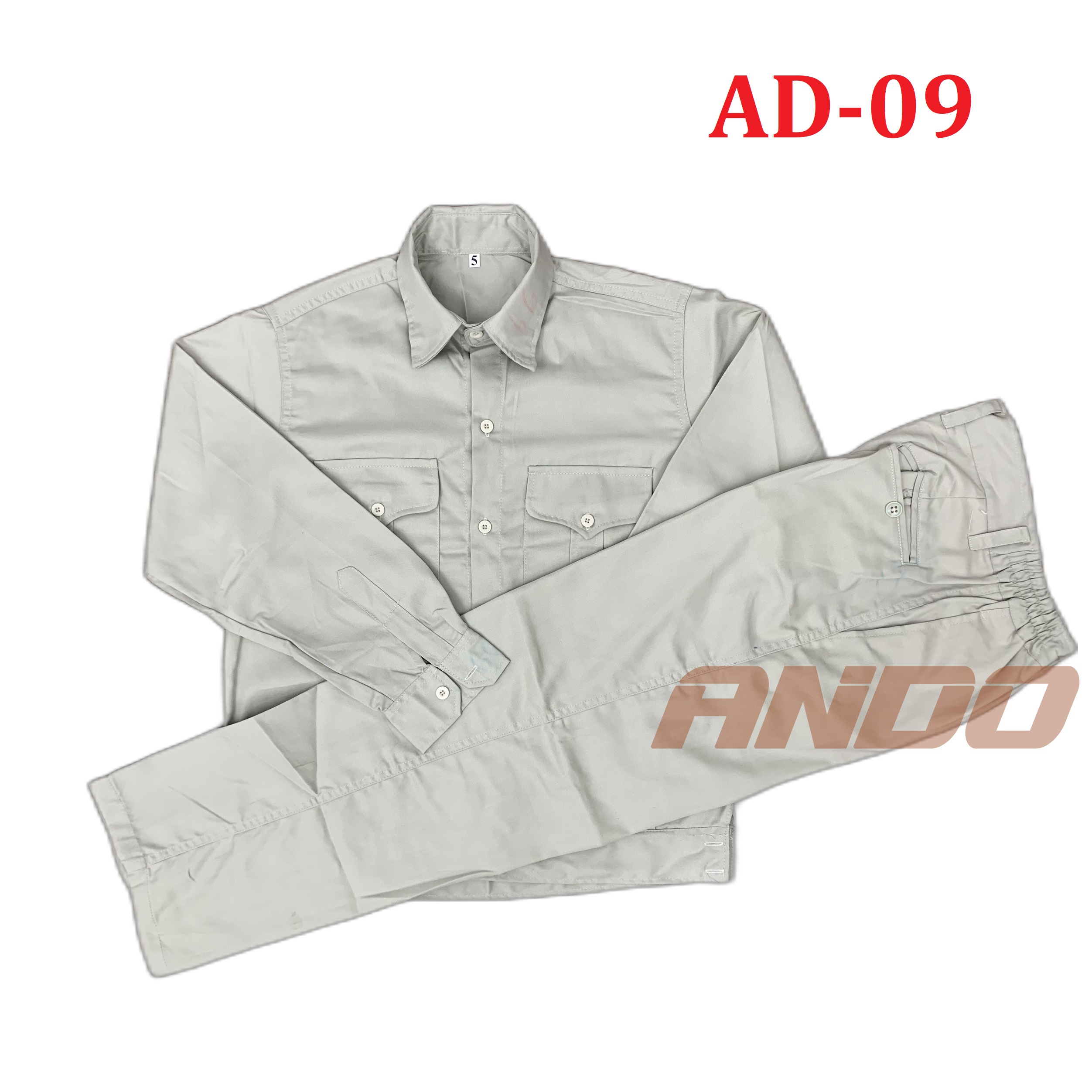 Bộ quần áo AD09 màu ghi sáng, vải kaki 2/1,  dày dặn, may kỹ, nhận in đồng phục nhà xưởng, doanh nghiệp theo yêu cầu
