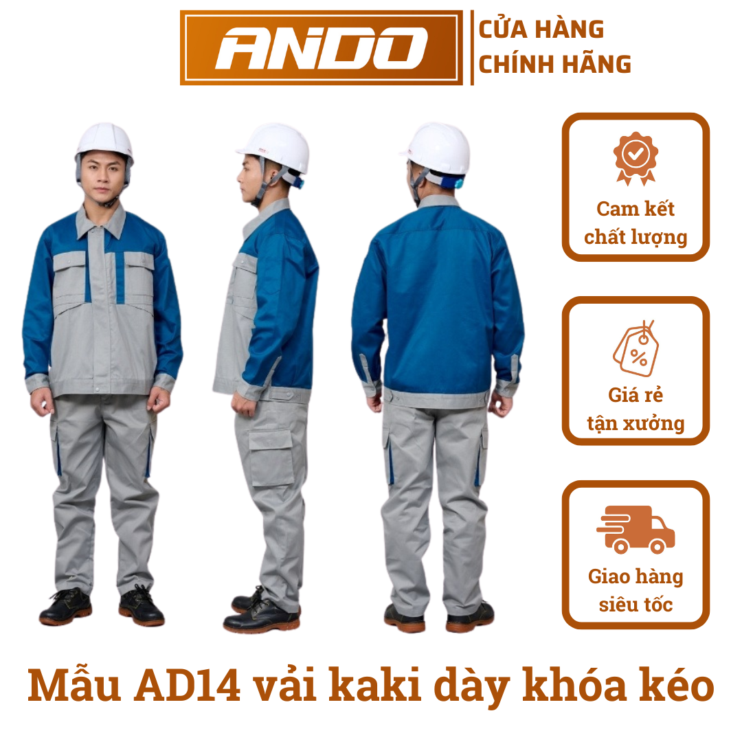 Quần áo bảo hộ lao động mẫu AD14, màu ghi xám phối xanh, khóa kéo, vải kaki 3/1