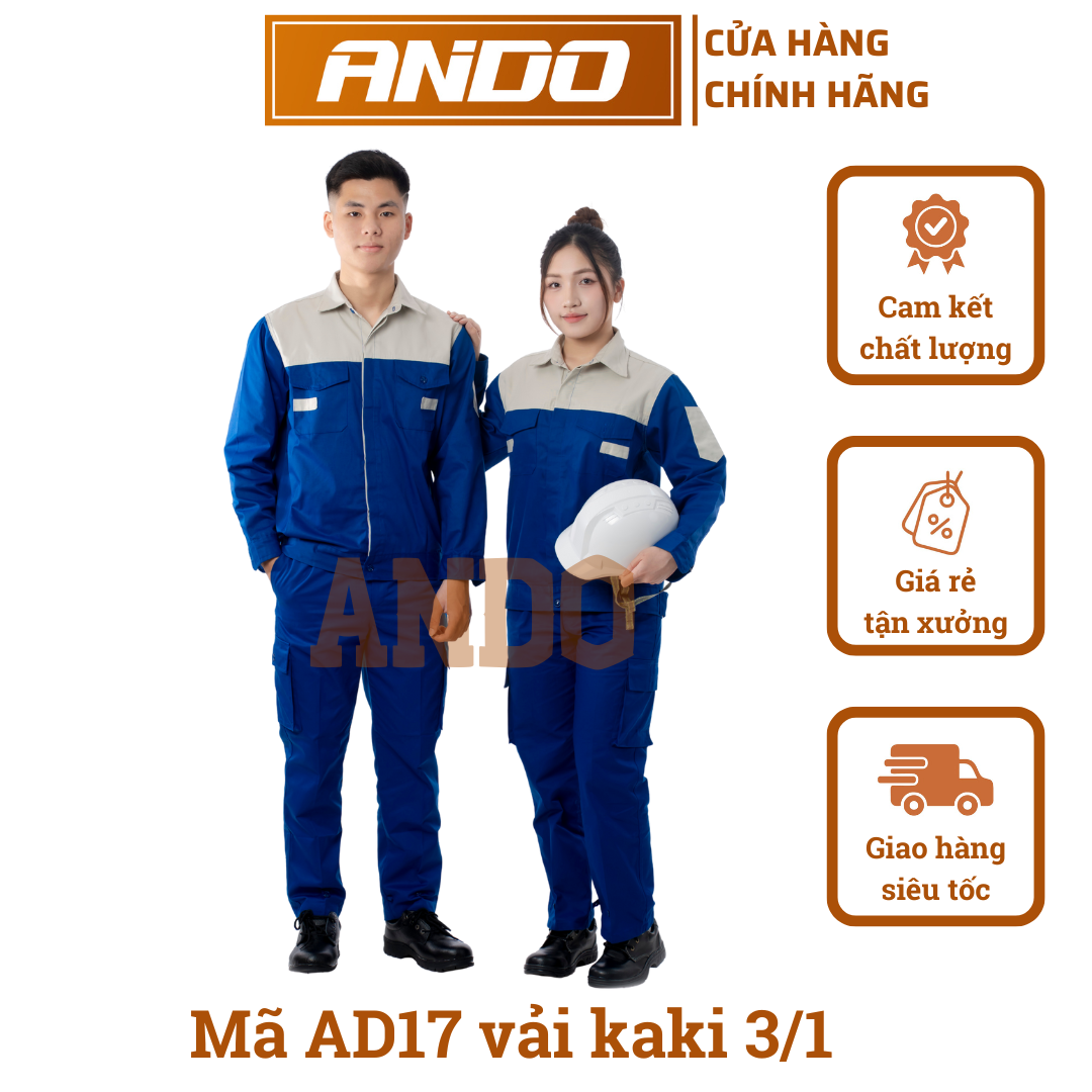 Quần áo bảo hộ lao động mẫu AD17, màu xanh ngực phối ghi, vải kaki 3/1