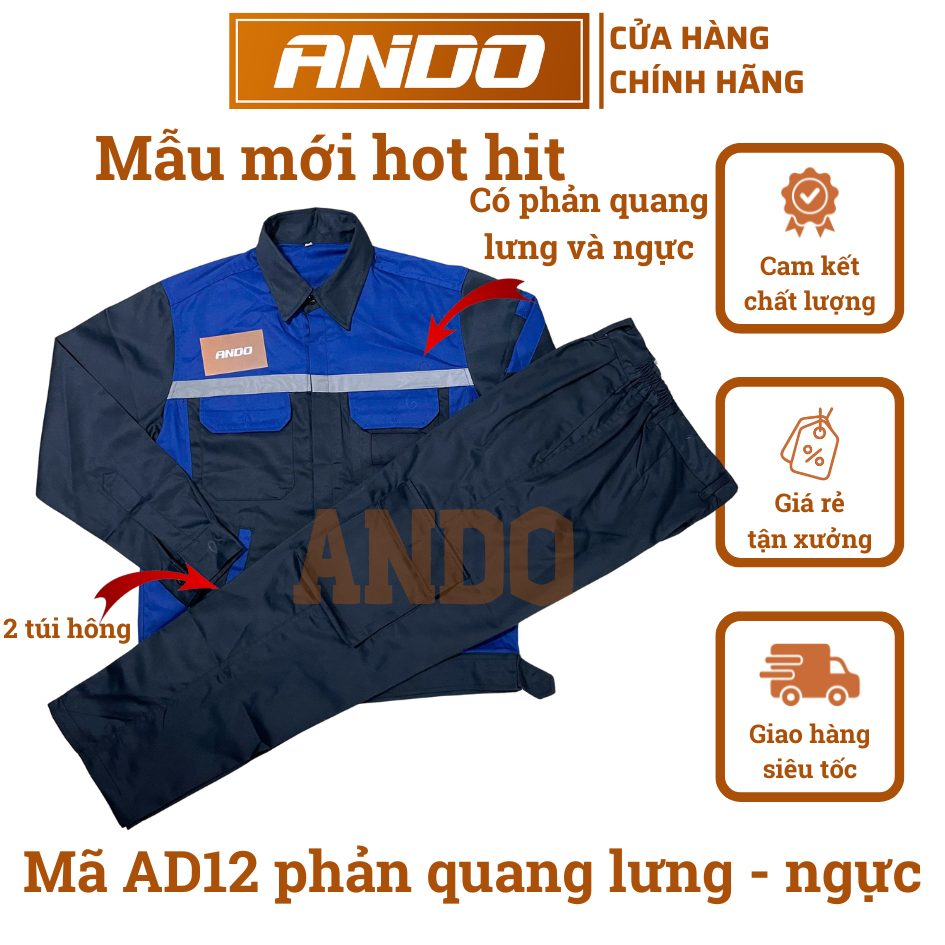 Quần áo bảo hộ lao động mẫu AD20 có phản quang, màu tím than phối xanh, in đồng phục doanh nghiệp, nhà xưởng, đội thi công,…