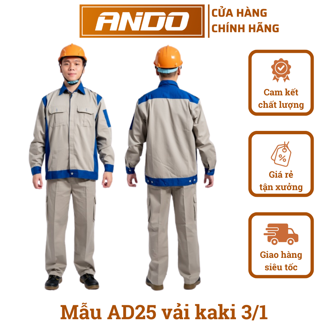 Quần áo bảo hộ lao động mẫu AD25 màu ghi đậm phối xanh, vải kaki 3/1, in đồng phục doanh nghiệp, nhà xưởng, đội thi công,…