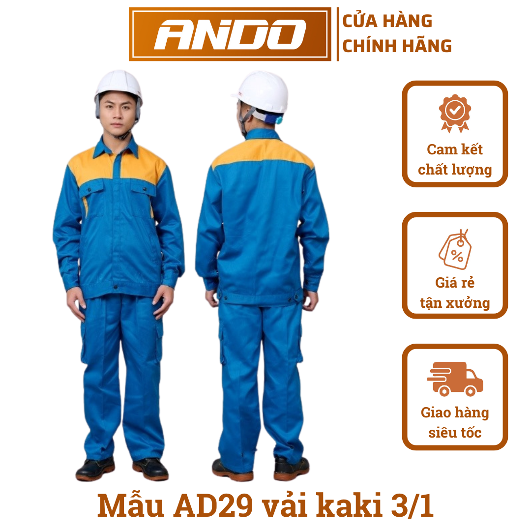 Quần áo bảo hộ lao động mẫu AD29 màu xanh phối ngực cam có túi hông, vải kaki 19, in đồng phục doanh nghiệp, nhà xưởng, đội thi công,…