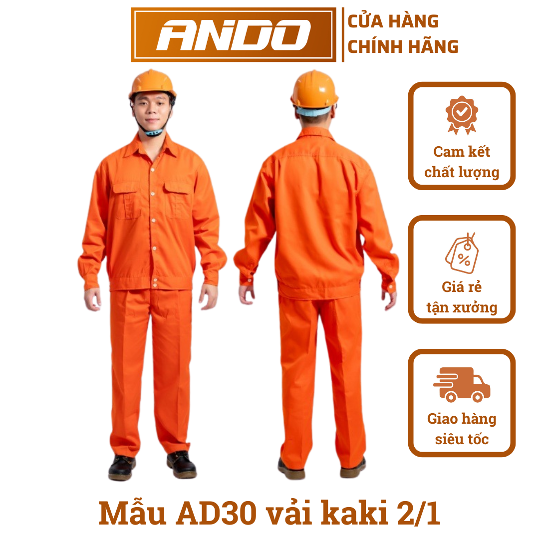 Quần áo bảo hộ lao động mẫu AD30 màu cam, vải kaki 2/1, in đồng phục doanh nghiệp, nhà xưởng, đội thi công,…