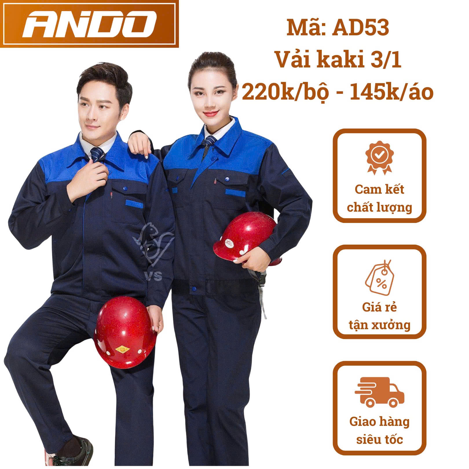 Quần áo bảo hộ lao động AD53 màu tím than phối xanh, vải kaki 3/1, thiết kế & in đồng phục doanh nghiệp, nhà xưởng