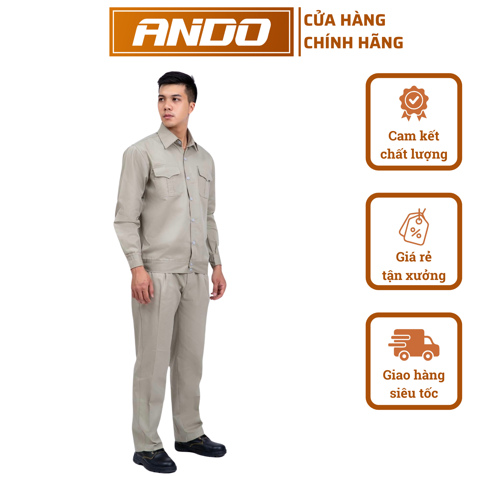 Bộ quần áo AD09 màu ghi sáng, vải kaki 2/1,  dày dặn, may kỹ, nhận in đồng phục nhà xưởng, doanh nghiệp theo yêu cầu