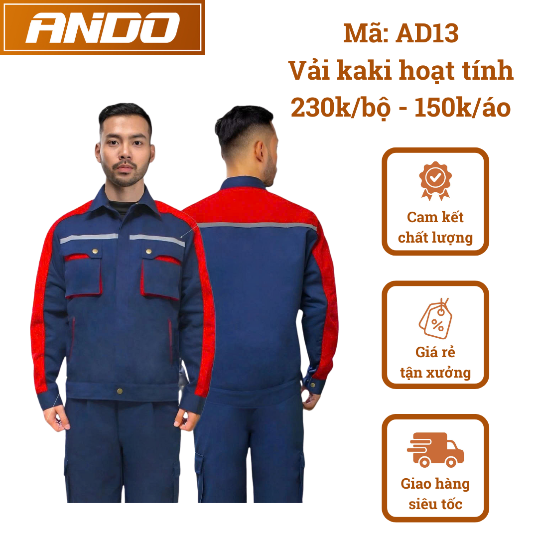 Quần áo bảo hộ lao động mẫu AD13 cúc bấm, màu tím than phối đỏ, vải kaki 3/1