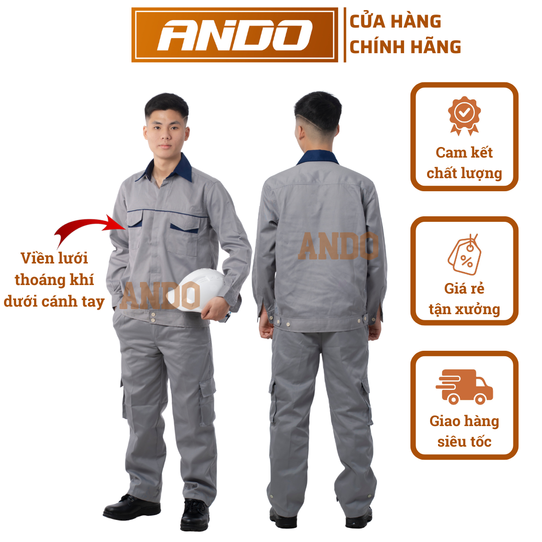 Quần áo bảo hộ lao động mẫu AD15, màu ghi ánh tím, vải kaki 3/1