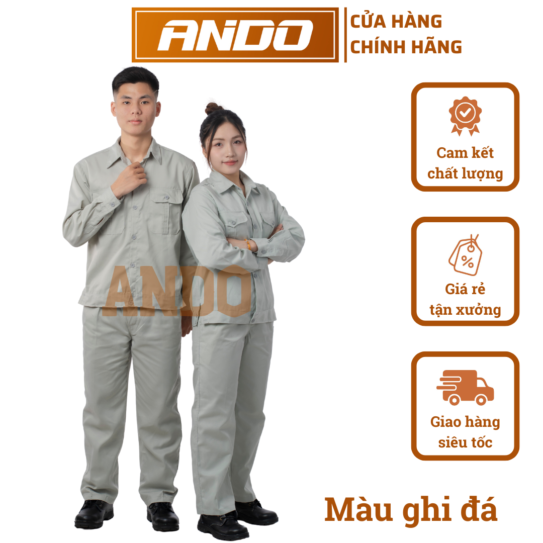 Quần áo bảo hộ lao động mẫu AD31 màu ghi đá, vải kaki 2/1, in đồng phục doanh nghiệp, nhà xưởng, đội thi công,…
