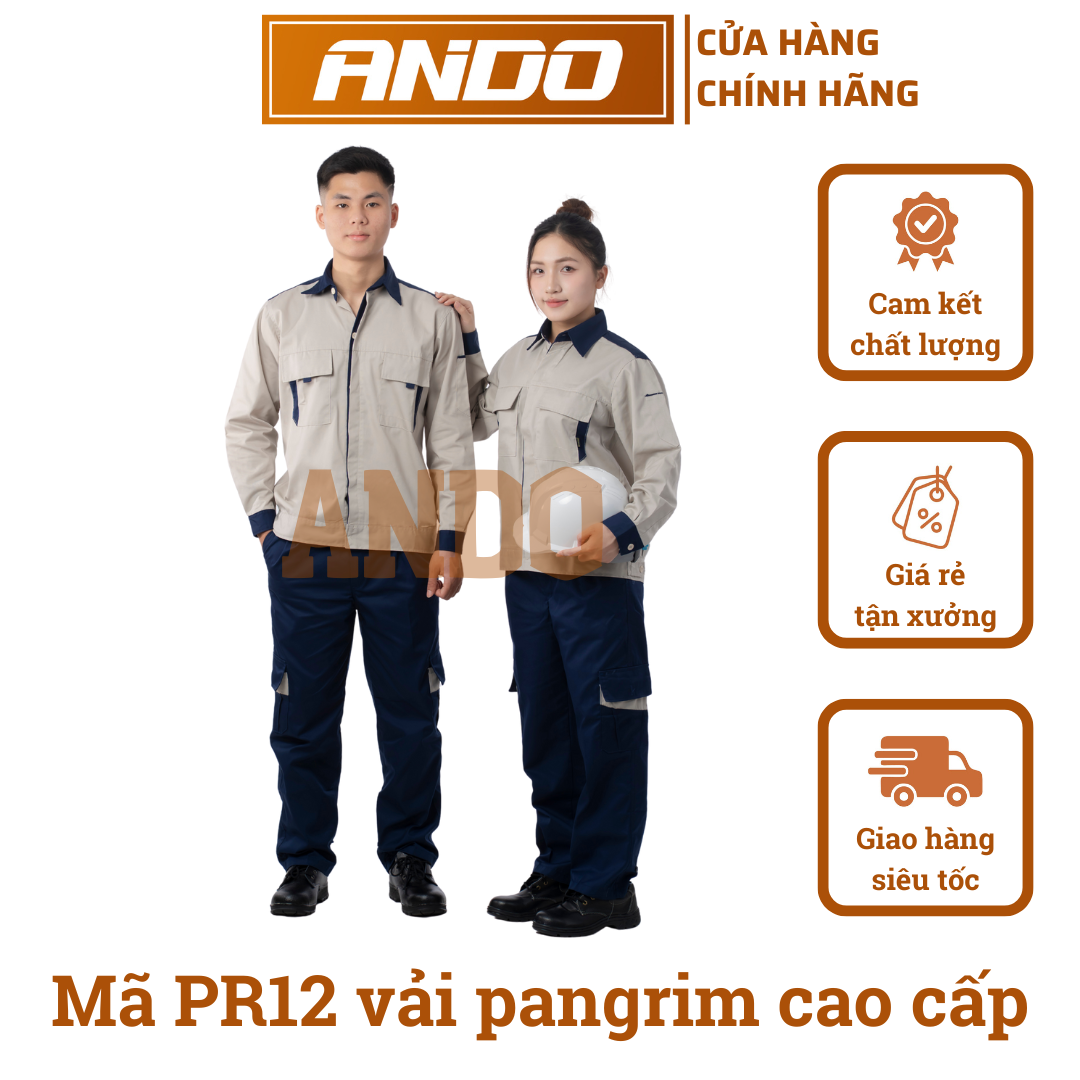 Quần áo bảo hộ lao động mẫu PR12, màu ghi phối tím than, chất vải pangrim cao cấp, in đồng phục bảo hộ lao động cho doanh nghiệp, nhà xưởng, đội thi công,…