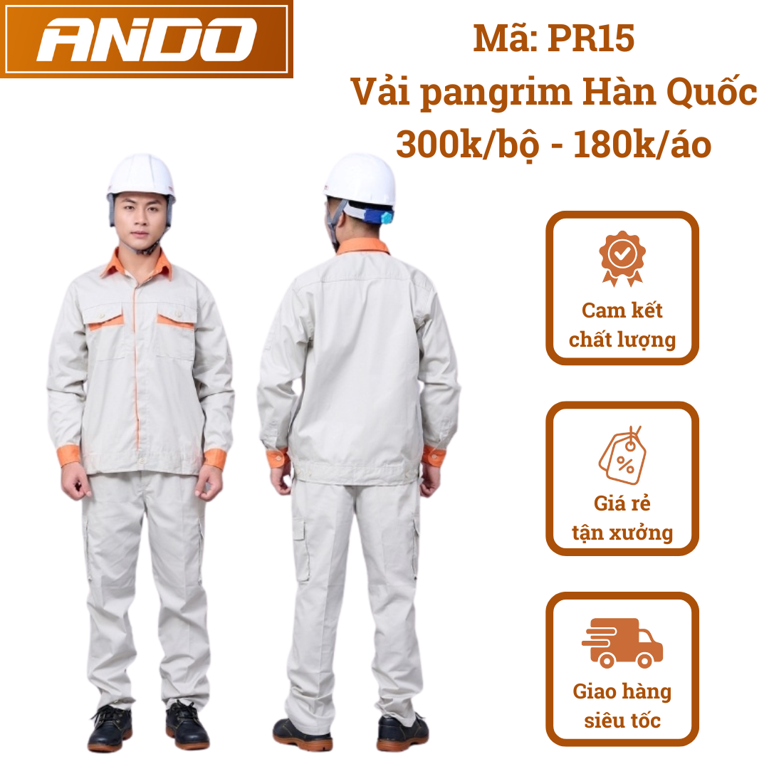Quần áo bảo hộ lao động mẫu PR15, màu ghi phối cam, chất vải pangrim cao cấp, in đồng phục bảo hộ lao động cho doanh nghiệp, nhà xưởng, đội thi công,…