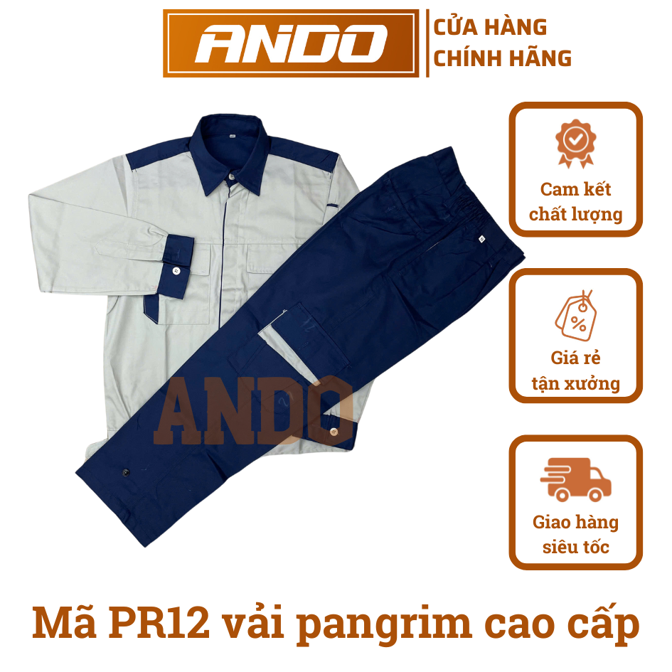 Quần áo bảo hộ lao động mẫu PR12, màu ghi phối tím than, chất vải pangrim cao cấp, in đồng phục bảo hộ lao động cho doanh nghiệp, nhà xưởng, đội thi công,…