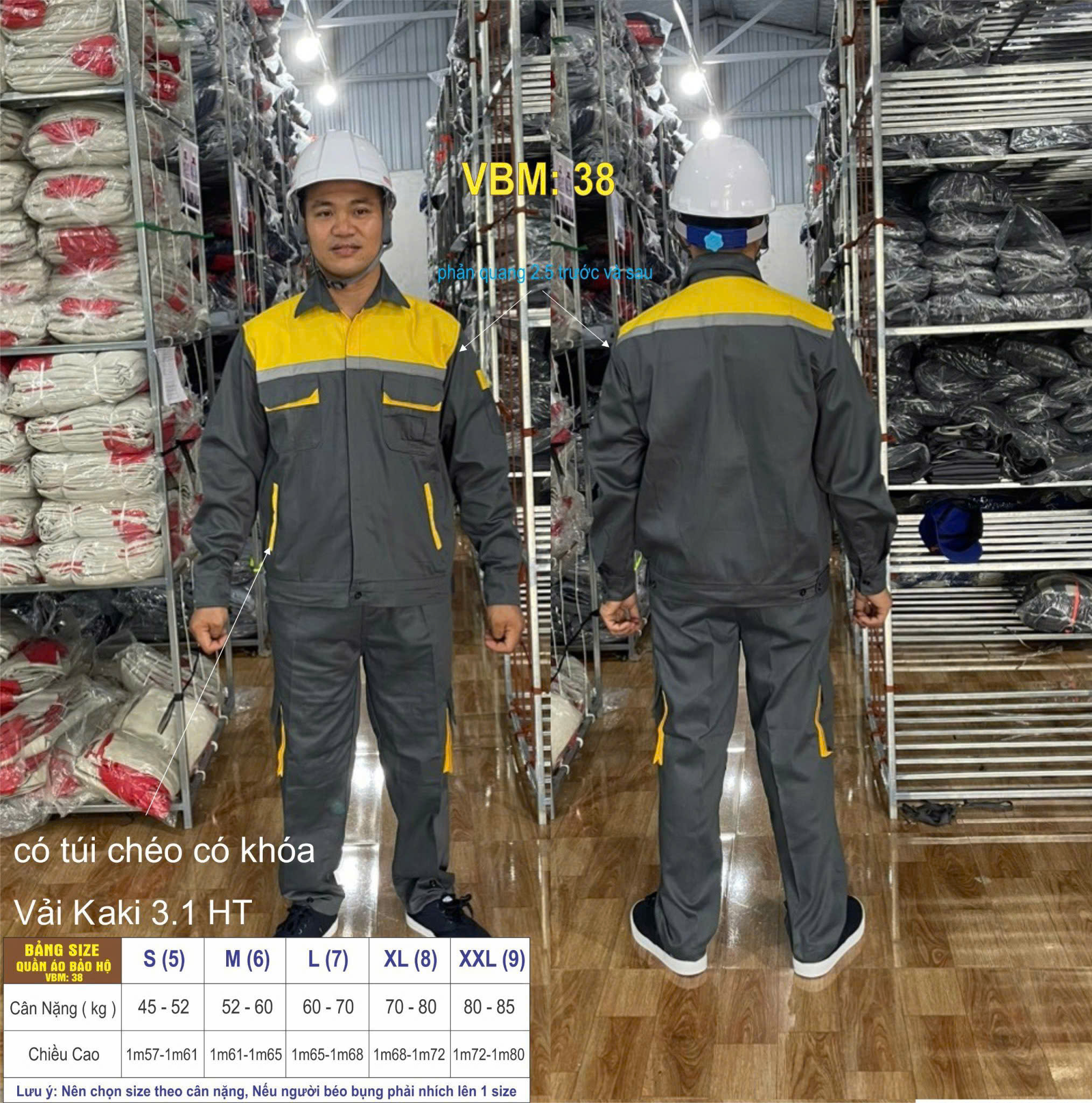 Quần áo bảo hộ lao động mẫu AD23 màu chì phối ngực vàng, có phản quang, vải kaki 3/1, in đồng phục doanh nghiệp, nhà xưởng, đội thi công,…
