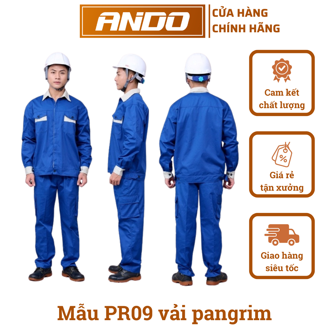 Quần áo bảo hộ lao động mẫu PR09, vải pangrim Phú Lộc, màu xanh công nhân cổ ghi