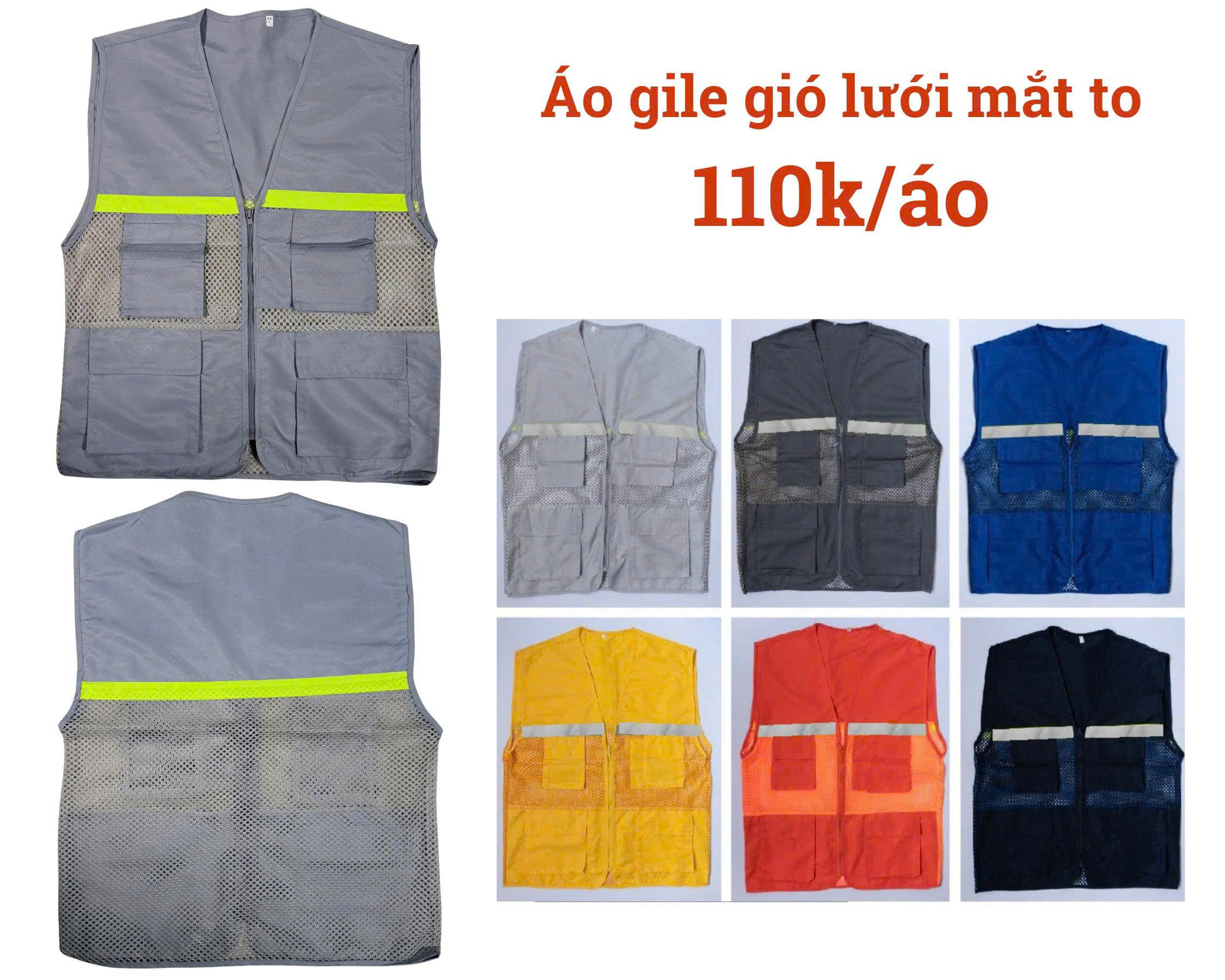 [GL-06] Áo gile phản quang bảo hộ lao động loại cao cấp, dành cho kỹ sư, công nhân, lưới mắt to, in đồng phục theo yêu cầu