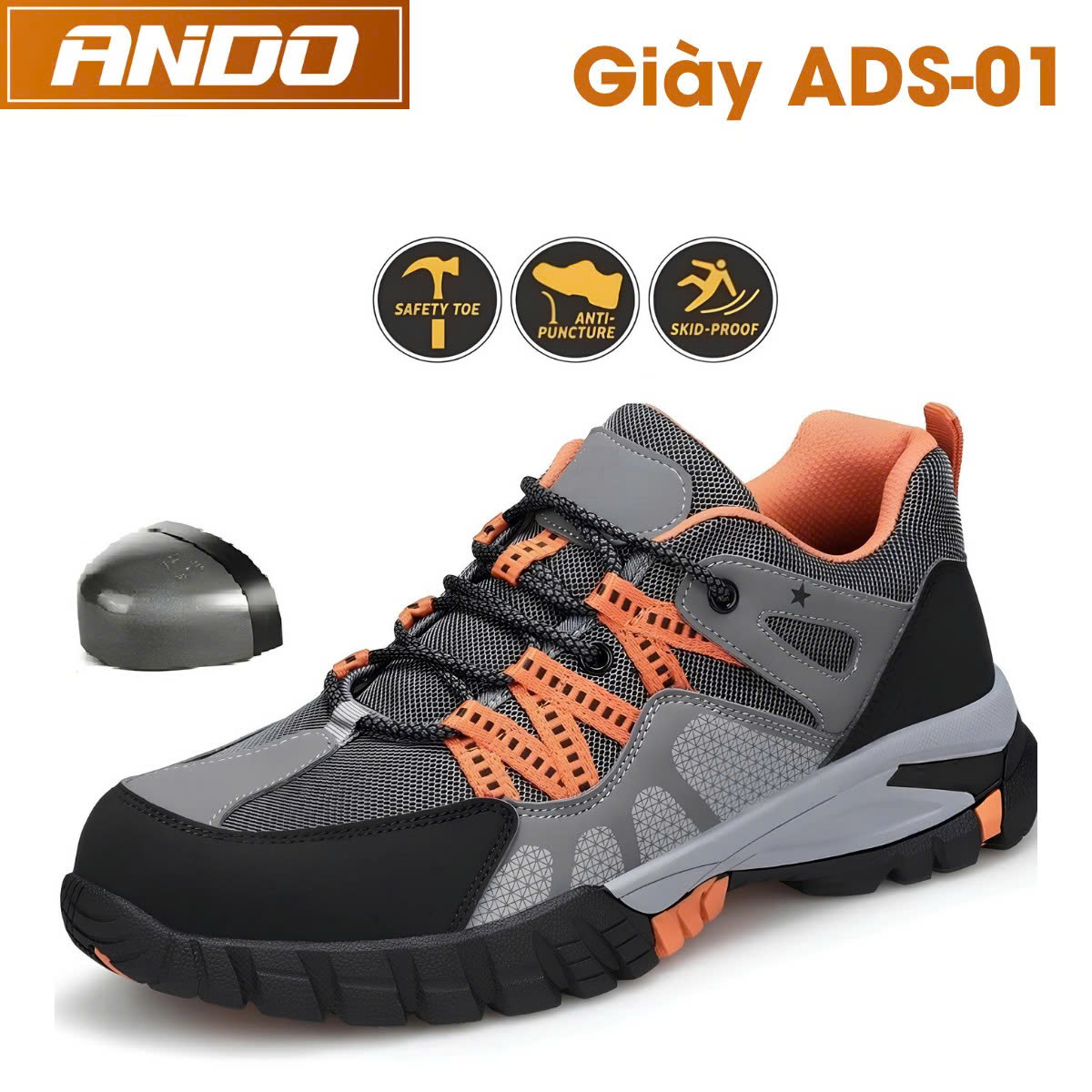 Giày bảo hộ lao động dáng thể thao mẫu ADS01, màu cam trẻ trung, chống đinh và chống dập
