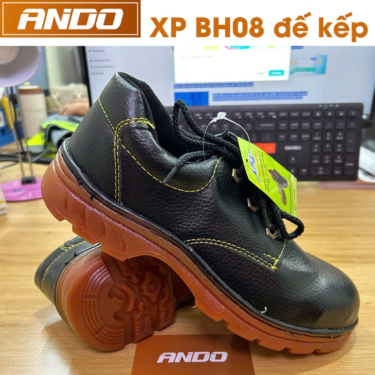 Giày bảo hộ XP BH08-02K, đế kếp, chỉ vàng, mũi và đế lót thép, da PU