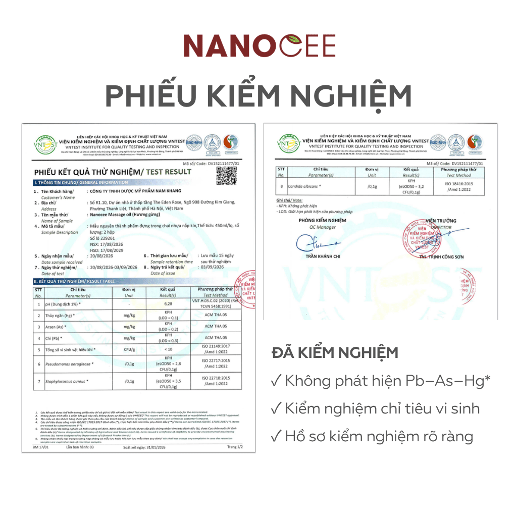Phiếu kiểm nghiệm dầu massage Nanocee – Thông tin chỉ tiêu kiểm nghiệm
