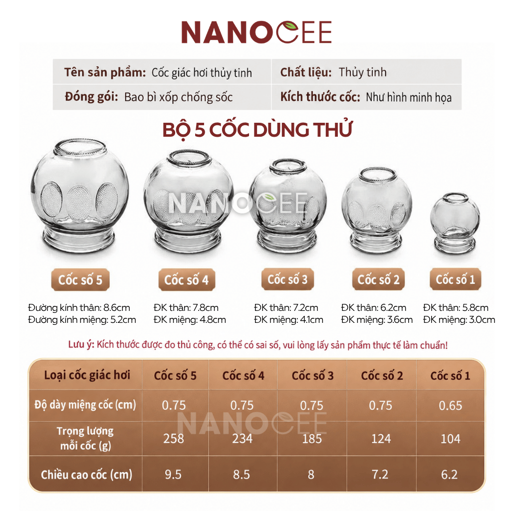 Kích Thước Cốc Giác Hơi Thủy Tinh Nanocee: Chi Tiết 5 Size Từ Số 1 Đến Số 5