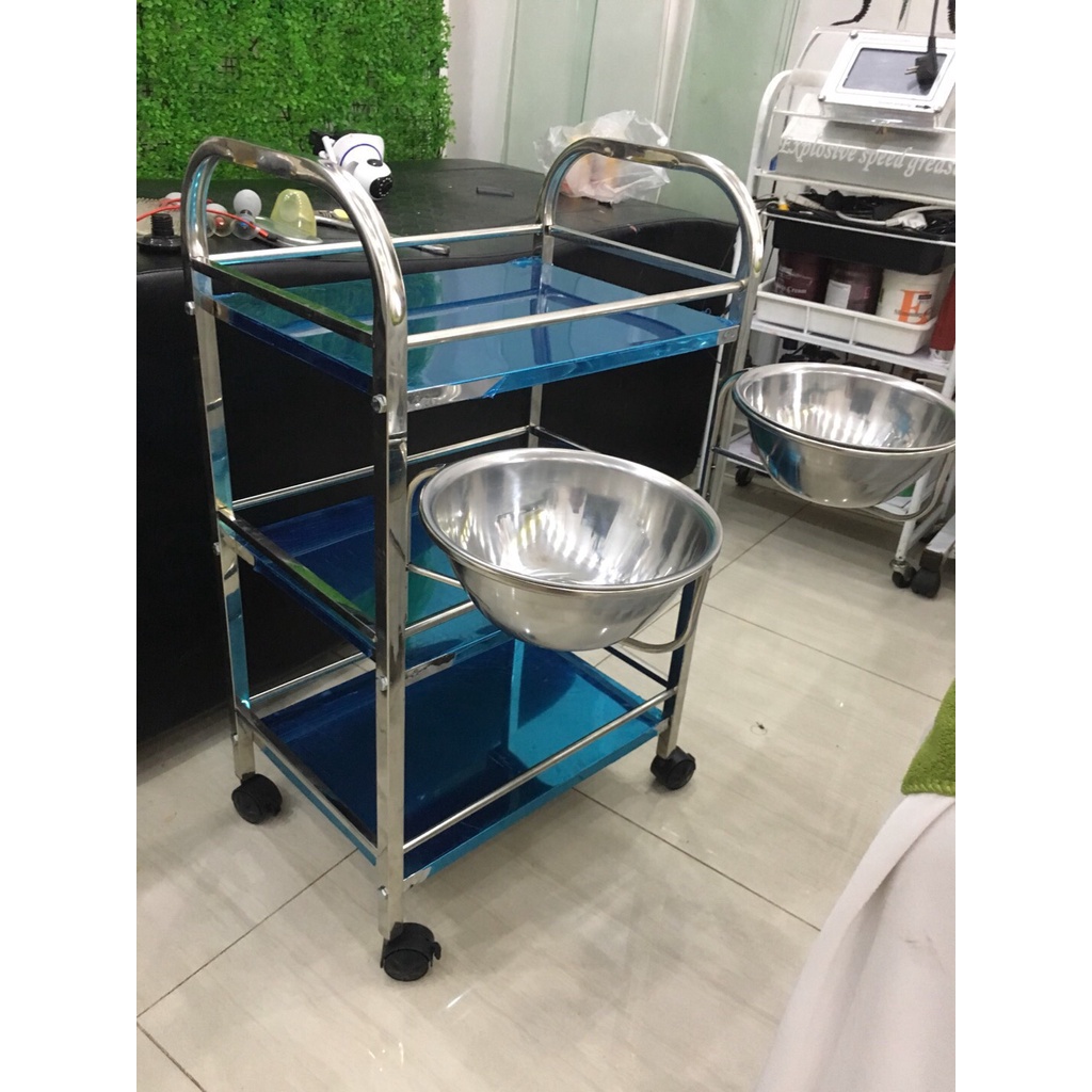 Xe Đẩy Spa 3 Tầng Có Bát Inox [HỘP LẮP GHÉP] Xe Đựng Mỹ Phẩm, Máy Móc Spa - Thẩm Mỹ Huyền Trang NANOCEE