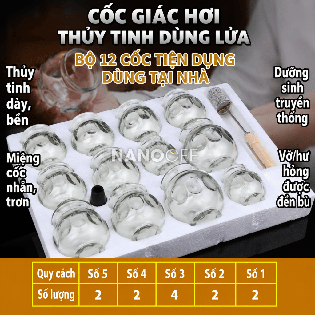 Bộ 12 Cốc Giác Hơi Thủy Tinh Dùng Lửa – Combo Tiện Dụng Cho Spa Dưỡng Sinh