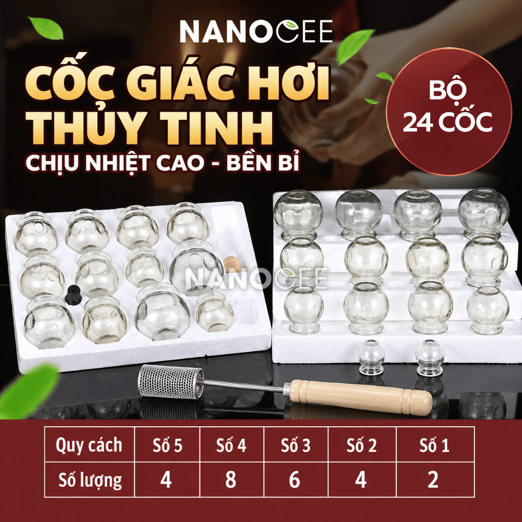 Bộ 24 Cốc Giác Hơi Thủy Tinh Dùng Lửa – Đủ 5 Size Cho Spa Dưỡng Sinh