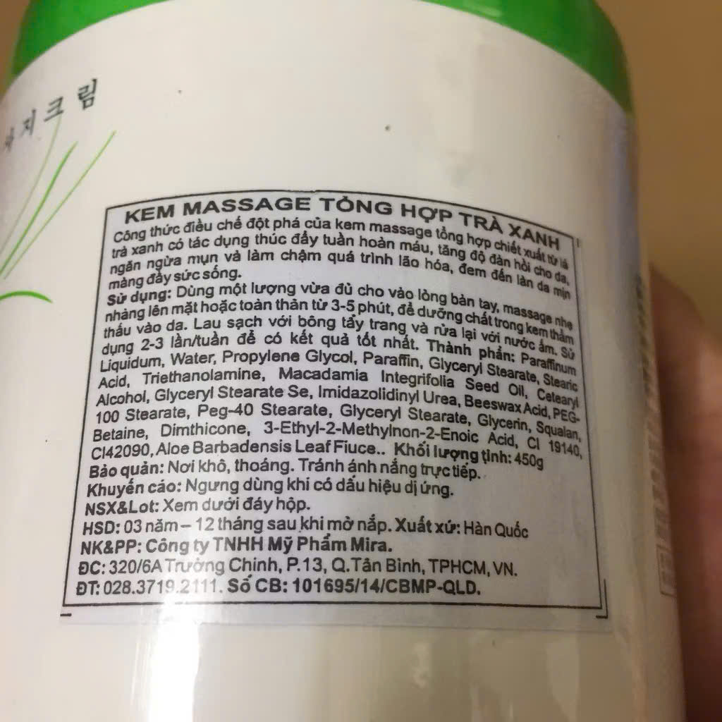 Kem Massage Trà Xanh Mira Green Tea Massage Cream 450g – Dưỡng Da Mềm Mịn