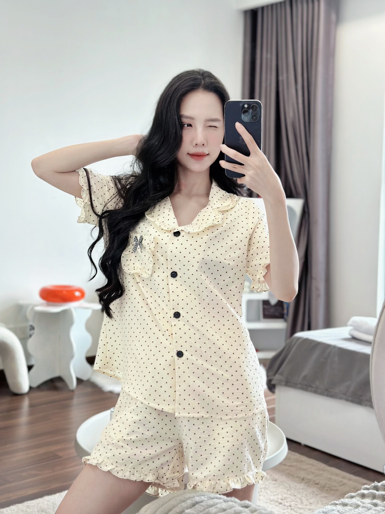 Bộ Pijama chấm bi chất liệu thô đũi Nhật vải nhập khẩu siêu xinh yêu cho các nàng , từ 40-65kg , hàng thiết kế thương hiệu ANT_P01
